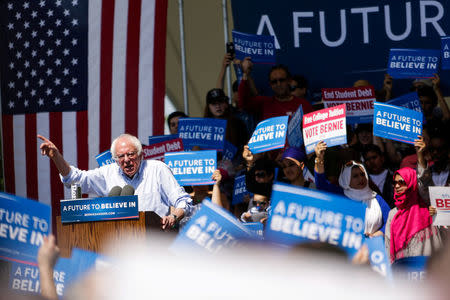 U.S. Democratic presidential candidate Bernie Sanders speaks at a campaign rally in Stockton, California, United States, May 10, 2016. REUTERS/Max Whittaker