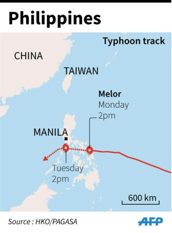 Map showing the path of typhoon Melor as it slams into the Philippines on Monday. 45 x 60 mm