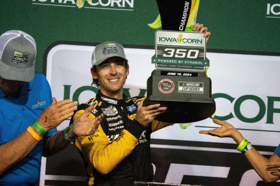 NASCAR Cup Series driver Ryan Blaney (12) wins the inaugural Iowa Corn 350 on Sunday, June 16, 2024, at Iowa Speedway in Newton.