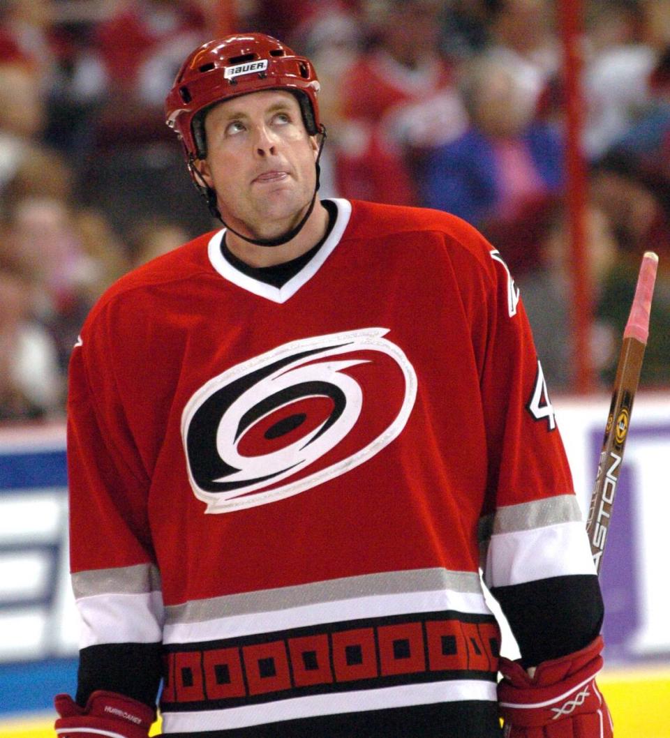 Dejected Canes player Aaron Ward looks up at the scoreboard at the end of the 1st period during an NHL game between the Carolina Hurricanes and the Atlanta Thrashers played at the RBC center in Raleigh in 2005.