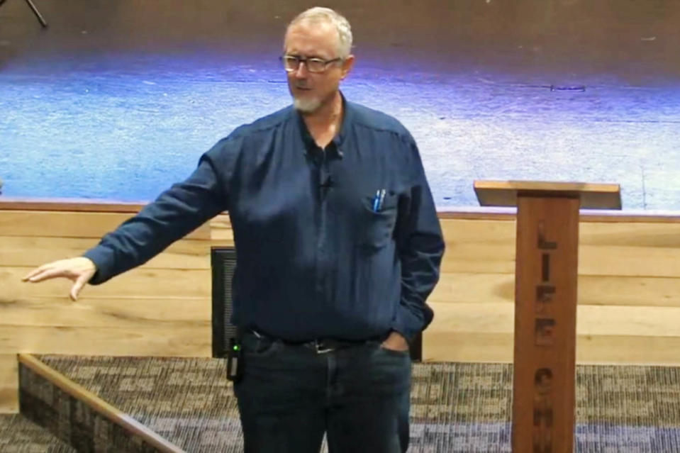 Pastor Brian Anderson calls of members of his congregation to show up at the library meeting. (Eastland Life Church via YouTube)