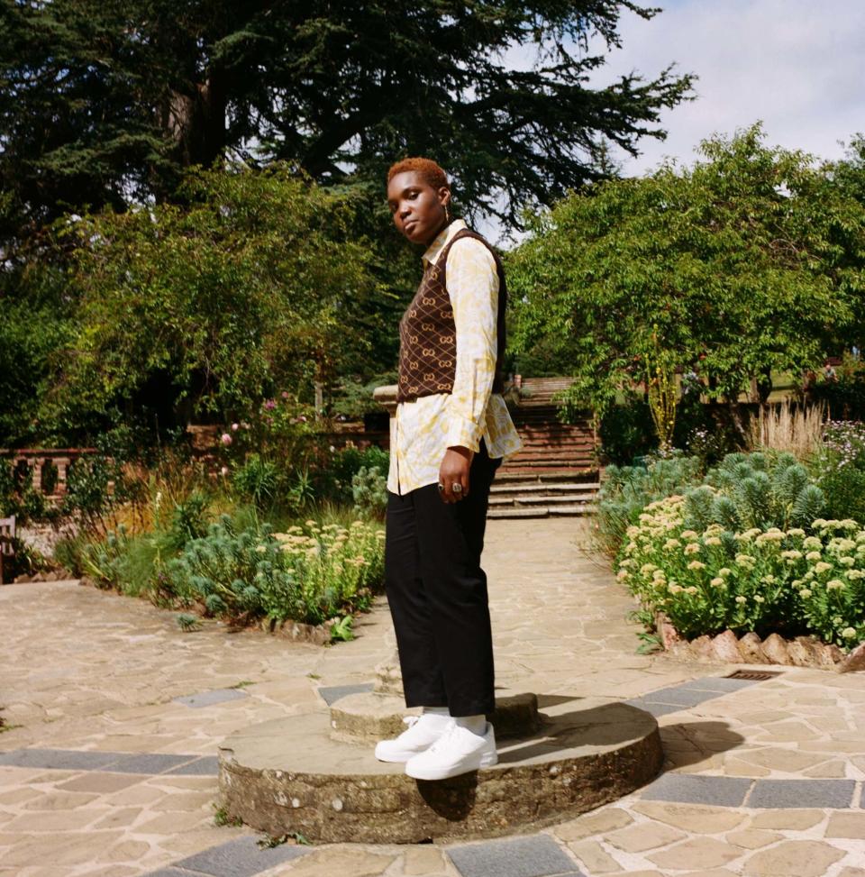 ERES shirt, £425; GUCCI vest, £500, both at matchesfashion.com. RECEPTION trousers, £165, at couvertureandthegarbstore.com. NIKE trainers, £84.95 (nike.com). Jewellery, Arlo’s own (Ekua King)