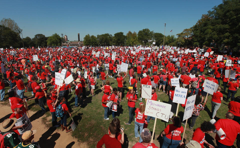 Striking Chicago teachers and their supporters attend a rally at Union Park September 15, 2012 in Chicago, Illinois. An estimated 25,000 people gathered in the park in a show of solidarity as negotiations on a labor contract continue. Yesterday Chicago Teachers Union President Karen Lewis reported the "framework" for an agreement has been reached and union delegates are expected to decide tomorrow if they should end the strike. More than 26,000 teachers and support staff walked off of their jobs on September 10 after the union failed to reach an agreement with the city on compensation, benefits and job security. With about 350,000 students, the Chicago school district is the third largest in the United States. (Photo by Scott Olson/Getty Images)