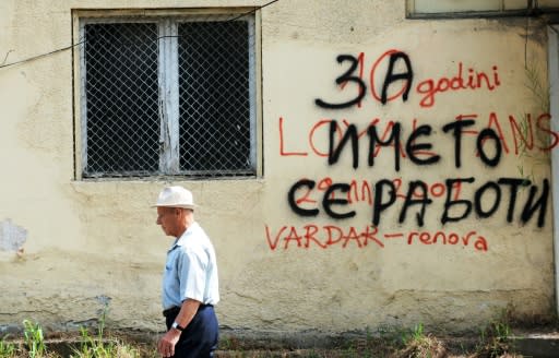 "It's about the name" reads graffiti on a wall in central Skopje referring to a bitter dispute with Greece over Macedonia's name
