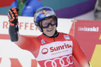 Switzerland's Marco Odermatt reacts after winning an alpine ski, men's World Cup giant slalom race, in Adelboden, Switzerland, Saturday, Jan. 7, 2023. (AP Photo/Giovanni Pizzato)