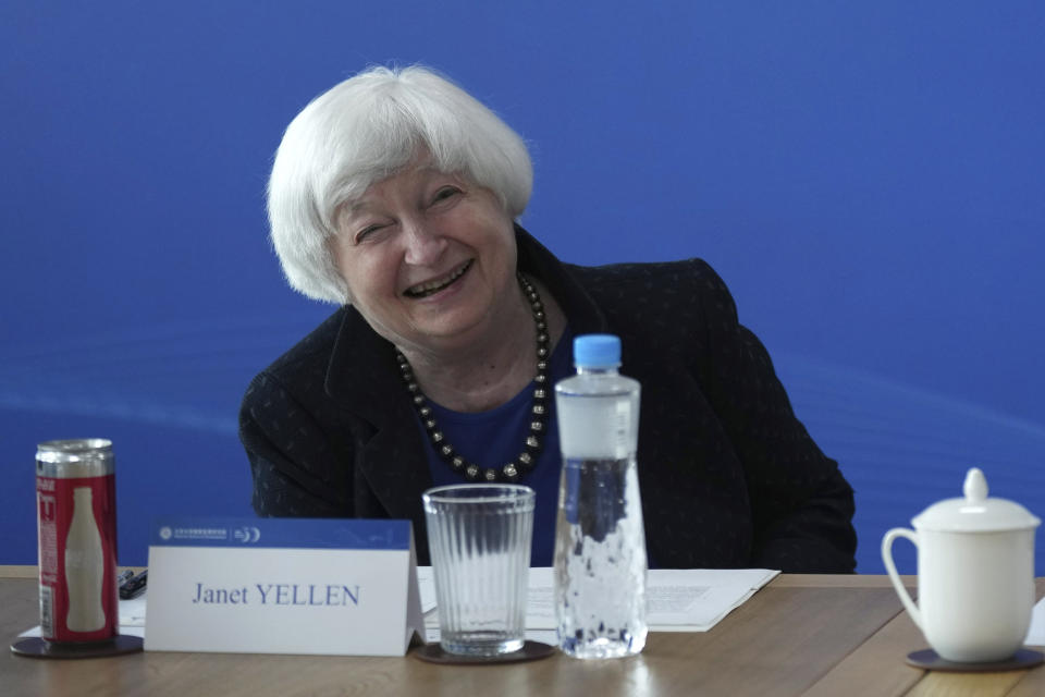 U.S. Treasury Secretary Janet Yellen reacts during talks with Huang Yiping, dean of National School of Development, unseen, at Peking University in Beijing Sunday, April 7, 2024. Yellen met Sunday with Chinese Premier Li Qiang in Beijing and sent a message of mutual cooperation despite the nations’ differences. (AP Photo/Tatan Syuflana, Pool)