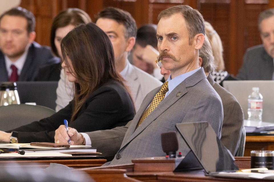 Texas Rep. Andrew Murr, R-Junction, the head of the House impeachment managers, listens as witness Mark Penley (not pictured), who served as the deputy attorney general for criminal justice under Texas Attorney General Ken Paxton for one year, during day 5 of Paxton’s impeachment trial in the Senate chamber at the Texas State Capitol in Austin on Monday, Sept. 11, 2023. Paxton pleaded not guilty last week to numerous articles of impeachment. (Juan Figueroa/Pool via The Dallas Morning News)