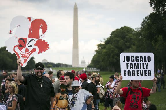 WASHINGTON, DC - SEPTEMBER 16: People gather for a rally during the Juggalo March, at the Lincoln Memorial on the National Mall, September 16, 2017 in Washington, DC. Fans of the band Insane Clown Posse, known as Juggalos, are protesting their identification as a gang by the FBI in a 2011 National Gang Threat Assessment. (Photo by Al Drago/Getty Images