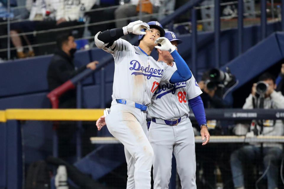 MLB洛杉磯道奇隊的大谷翔平本場繳出2安1打點1盜壘的成績。(Photo by Chung Sung-Jun/Getty Images)