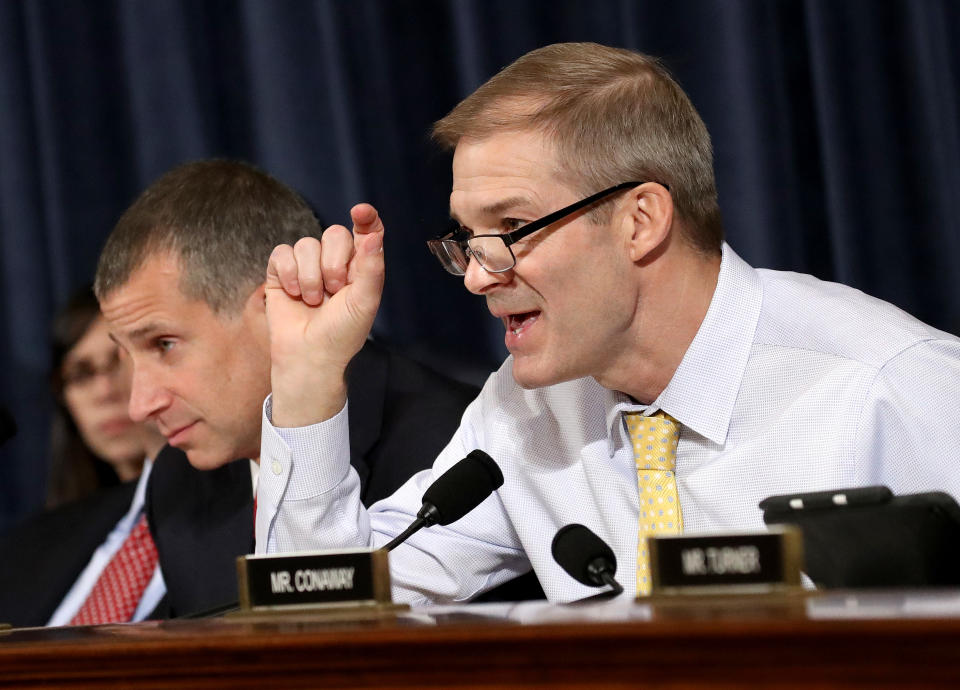 Rep. Jim Jordan, R-Ohio, questions Bill Taylor and George Kent, who testified Wednesday before the House Intelligence Committee. (Photo: Drew Angerer/Getty Images)