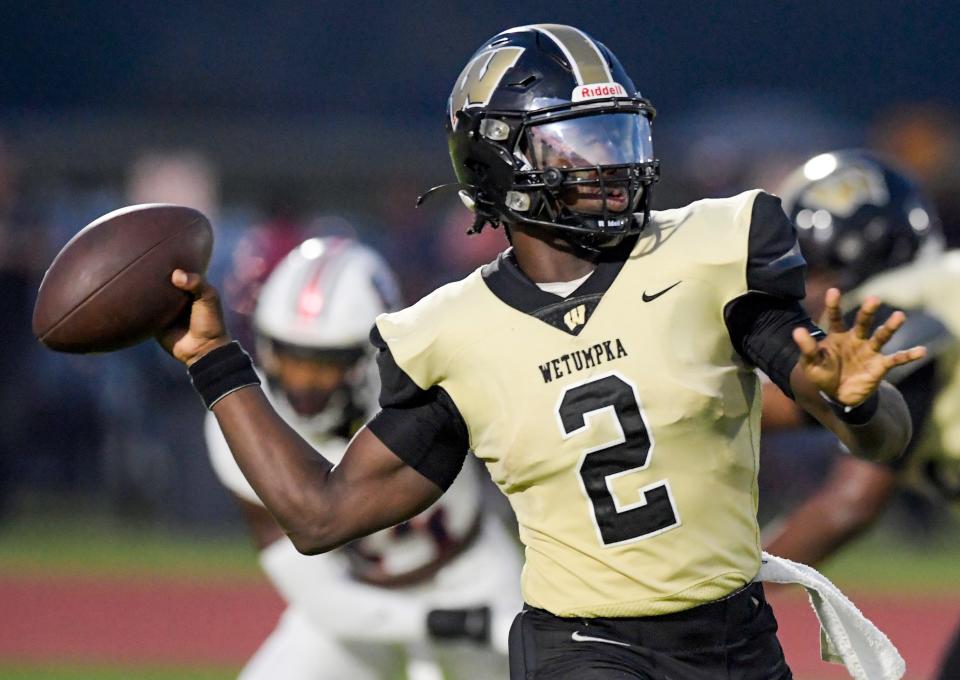 Wetumpka's Nathan Rogers (2) passes against Pike Road High School during their game in Wetumpka, Ala., on Friday September 8, 2023.