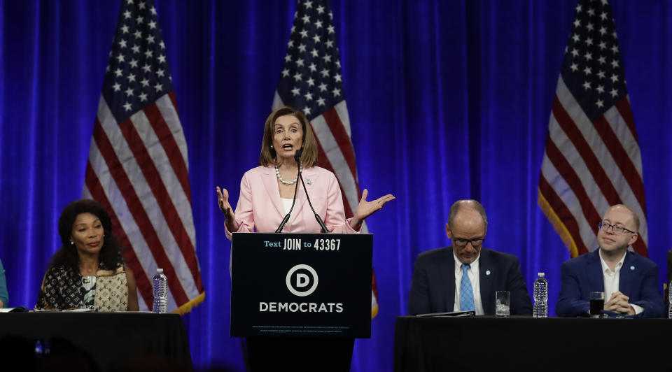 U.S. House Speaker Nancy Pelosi gestures while speaking at the Democratic National Committee's summer meeting Friday, Aug. 23, 2019, in San Francisco. More than a dozen Democratic presidential hopefuls are making their way to California to curry favor with national party activists from around country. Democratic National Committee members will hear Friday from top contenders, including Elizabeth Warren, Kamala Harris and Bernie Sanders. (AP Photo/Ben Margot)