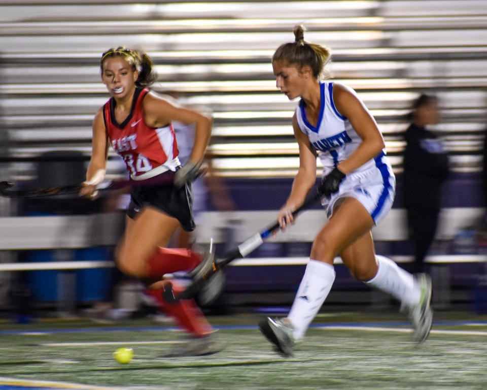In a motion shot, Pocono Mountain East's Jessica Butz pursues Nazareth's Zoey Emrick in Nazareth on Thursday, Sept. 30, 2021. Emrick scored the game-winning goal in Nazareth's 1-0 overtime win.