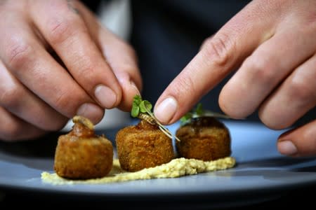 Chef Mario Barnard places coriander on croquettes made with Hermetia illucens (Black soldier fly larvae) flour and chickpea flour served on a bed of mopane worm tahini hummus at the Insect Experience Restaurant in Cape Town