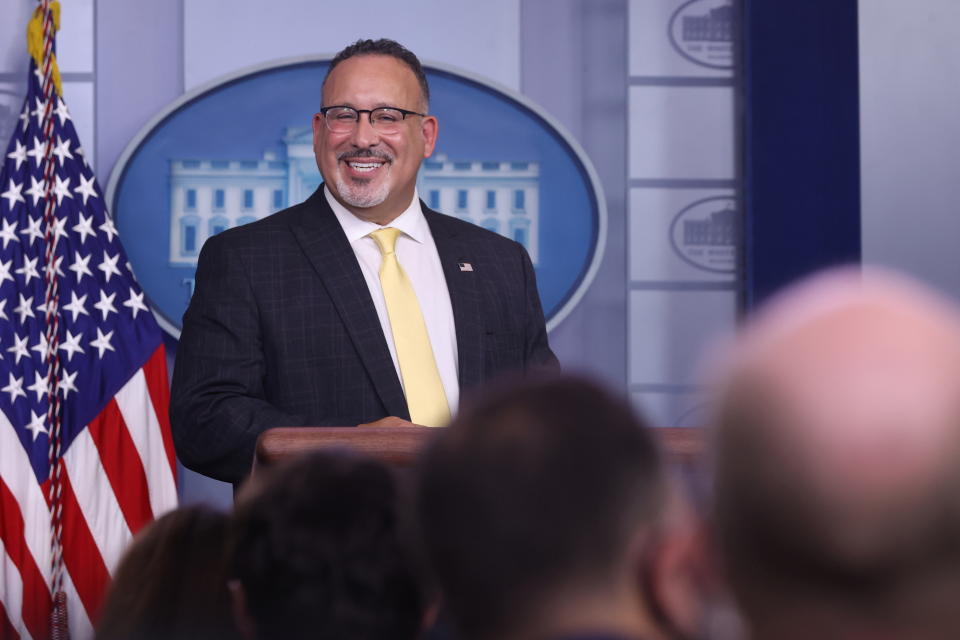 U.S. Education Secretary Miguel Cardona addresses the daily press briefing at the White House in Washington, U.S. August 5, 2021.  REUTERS/Jonathan Ernst