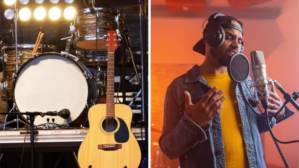  Miked up drum kit next to a shot of a man singing into a microphone. 