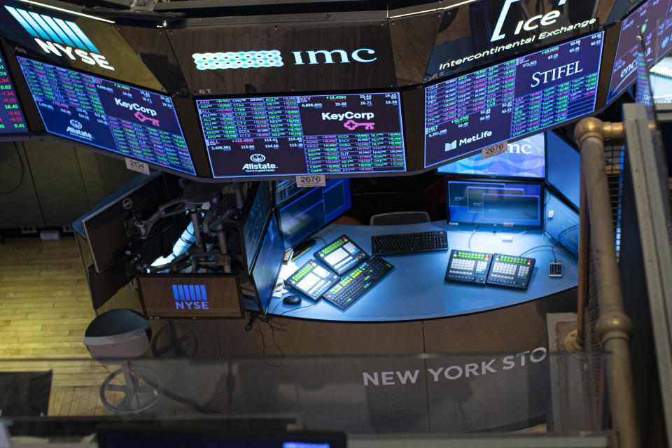 The empty trading floor is seen after the closing of the New York Stock Exchange