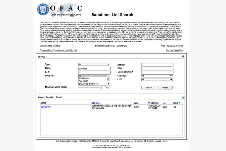 CONVIASA aparece en la lista de la OFAC