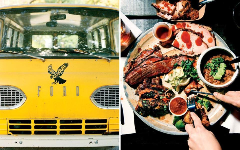 From left: A vintage van on the grounds of Camp Comfort, a B&B near San Antonio; a lunch platter of brisket, beans, and chicken at Ghost Hill Restaurant, a barbecue spot on the grounds of Treaty Oak Distilling, near Austin.