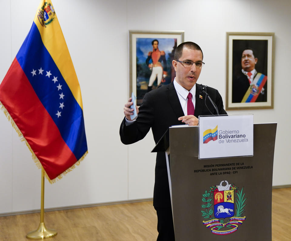 Venezuela's Foreign Minster Jorge Arreaza speaks during a press conference after visiting the International Criminal Court in The Hague, Netherlands, Thursday, Feb. 13, 2020. (AP Photo/Phil Nijhuis)