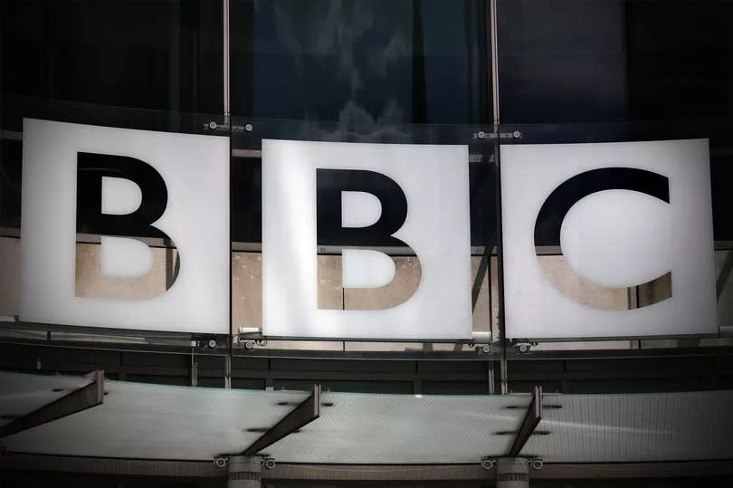 The logo for the Broadcasting House, the headquarters of the BBC is displayed outside