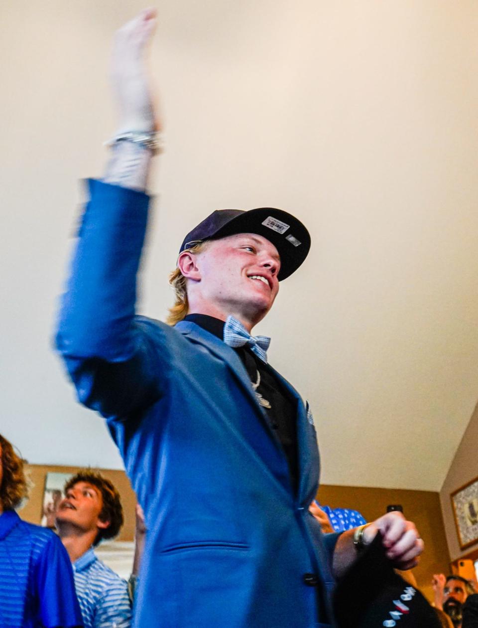 Franklin Community High School's baseball star Max Clark is congratulated after being drafted by the Detroit Tigers during the MLB Draft on Sunday, July, 9, 2023, at his family home in Franklin Ind. 