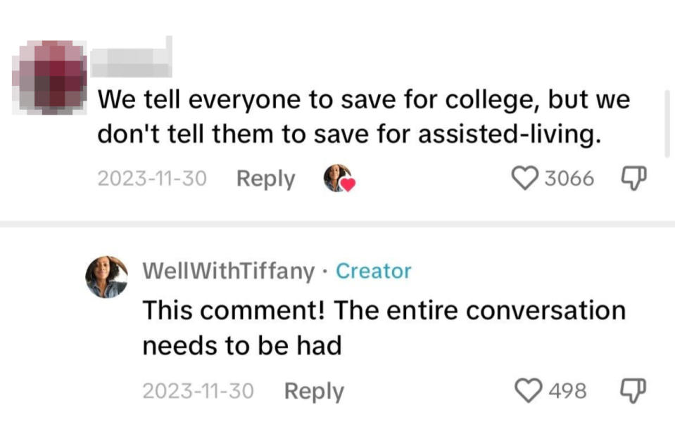 A TikTok comment reads: "We tell everyone to save for college, but we don't tell them to save for assisted living" and creator's response