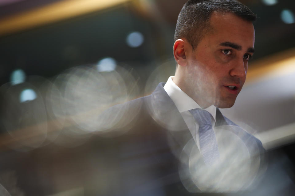 Italian Foreign Minister Luigi Di Maio arrives to an European Foreign Affairs Ministers meeting at the Europa building in Brussels, Monday, Nov. 11, 2019. European Union foreign ministers are discussing ways to keep the Iran nuclear deal intact after the Islamic Republic began enrichment work at its Fordo power plant. (AP Photo/Francisco Seco)