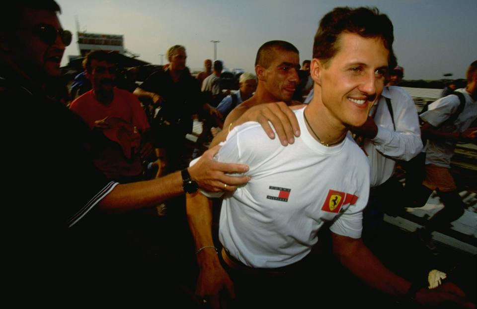 <b>HUNGARY 1998</b><br><br> An inspired drive, coupled with a three-stop strategy at a circuit where overtaking was deemed almost impossible. Schumacher had to drive a series of sprints after technical director Ross Brawn asked him to make up 25 seconds in 19 laps. Schumacher replied 'Thank You' and did just that.