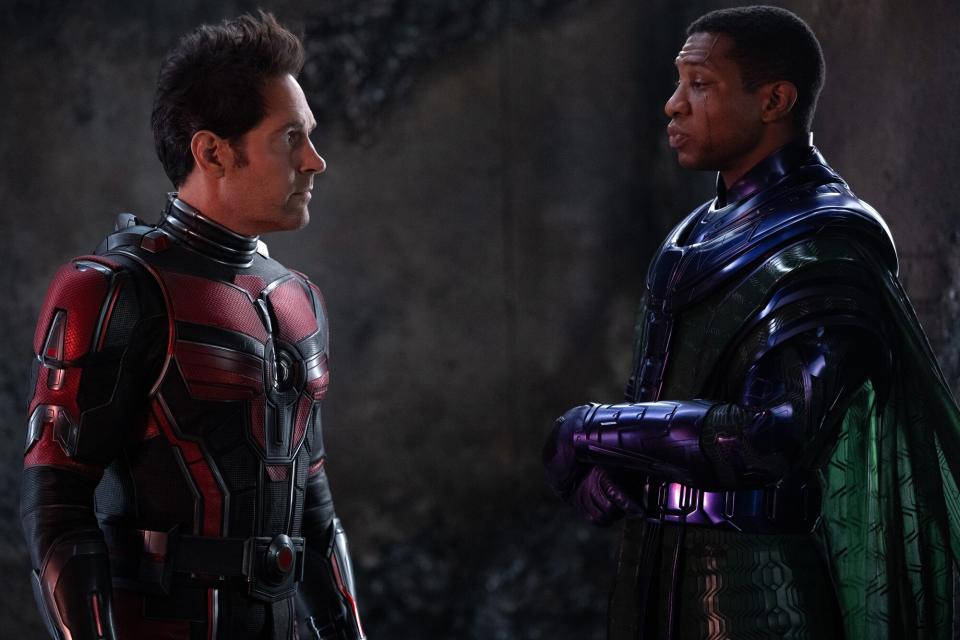 Paul Rudd as Scott Lang/Ant-Man and Jonathan Majors as Kang the Conqueror in Marvel Studios' ANT-MAN AND THE WASP: QUANTUMANIA.