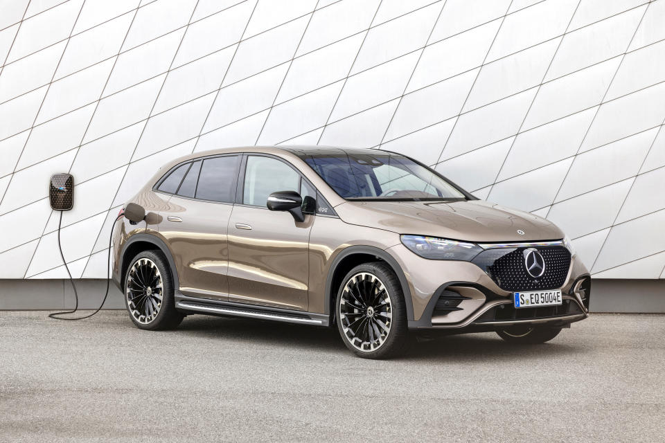 This photo provided by Mercedes-Benz shows the 2023 Mercedes EQE SUV, an electric midsize SUV with an estimated range upward of 300 miles. (Courtesy of Mercedes-Benz USA via AP)