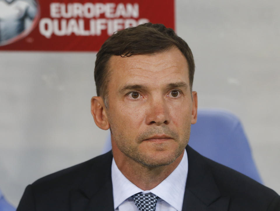 Ukraine's head coach Andriy Shevchenko looks on before the the Euro 2020 group B qualifying soccer match between Ukraine and Serbia at the Arena Lviv stadium in Lviv, Ukraine, Friday, June. 7, 2019. (AP Photo/Efrem Lukatsky)