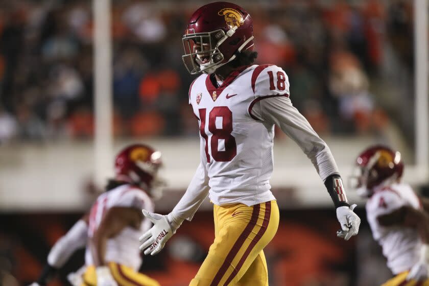 Southern California linebacker Eric Gentry reacts during the second half of an NCAA college football game.