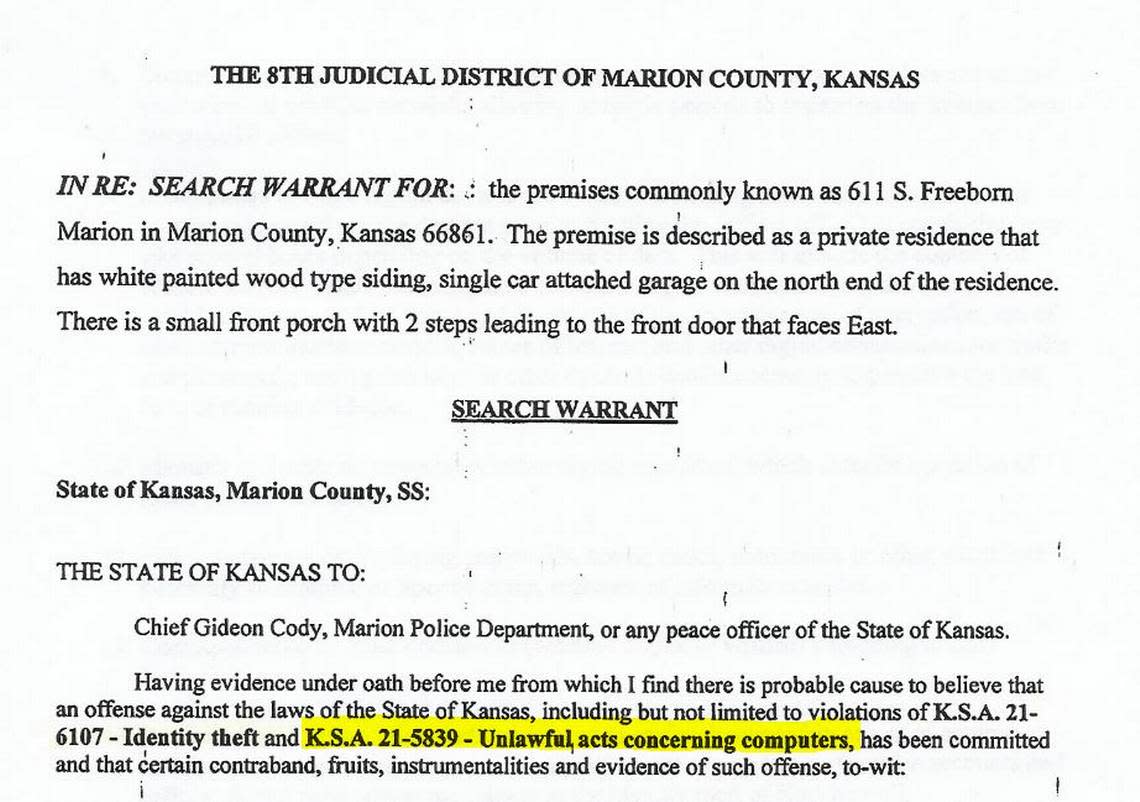This is an excerpt from a copy of a search warrant provided to Marion Vice Mayor Ruth Herbel on Aug. 11. The search warrant alleged Marion Chief Gideon Cody had probable cause to believe Herbel had committed “unlawful acts concerning computers.” But a signed affidavit filed with the district court shows Cody did not include that crime in his application for the warrant.