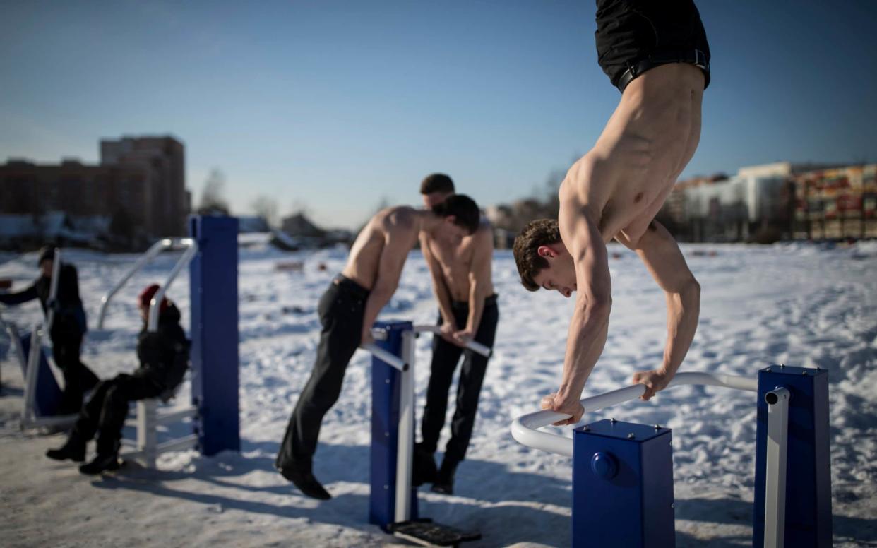 Youth activists of the Sober Russia movement train street workout techniques in Veliky Novgorod - Dmitri Beliakov/For The Telegraph