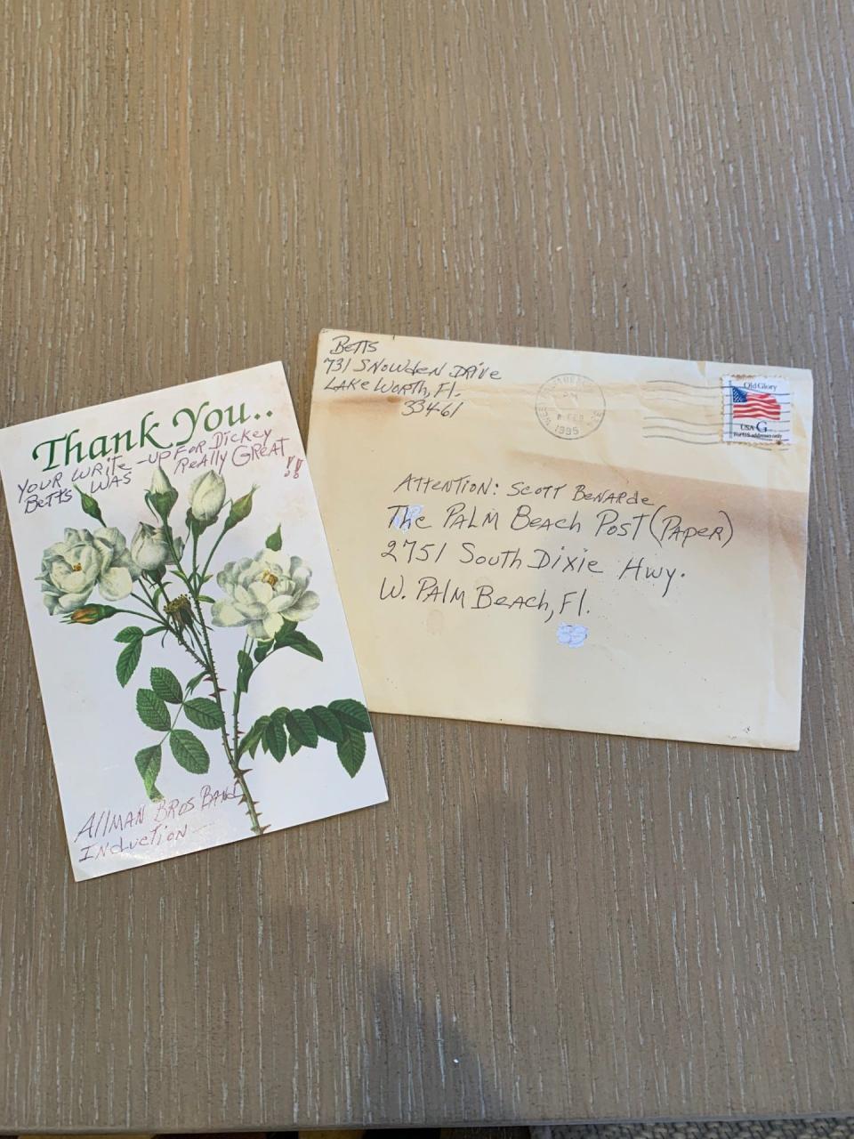 Scott Benarde received a thank-you note from Dickey Betts' wife Donna and a card from Betts' uncle Floyd and cousin Charlie of Lake Worth after the Palm Beach Post music columnist wrote a 1995 story profiling Betts' childhood in West Palm Beach.