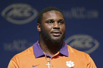 Clemson's D.J. Reader responds to questions during the ACC NCAA college football kickoff in Pinehurst, N.C., Monday, July 20, 2015. (AP Photo/Gerry Broome)