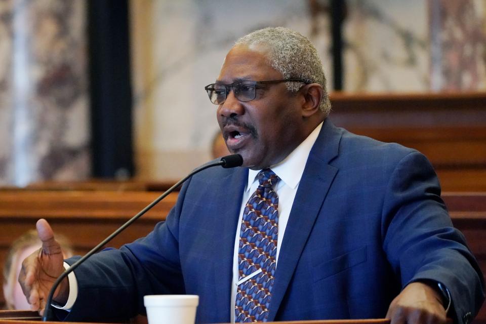 Sen. John Horhn, D-Jackson, speaks during debate on legislation that would expand the roles for state police and appointed judges inside the majority-Black and Democratic-led capital city of Jackson, Tuesday, March 7, 2023, at the Mississippi Capitol in Jackson. The majority-white and Republican-led Mississippi Senate passed the bill which now advances to the House.