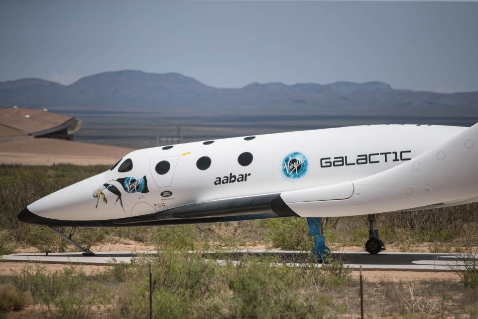 A Virgin Galactic craft sits at the entrance of Spaceport America in 2021.
