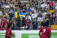 Fans watch the match between the U.S. and Sweden at the Homeless World Cup, Tuesday, July 11, 2023, in Sacramento, Calif. (AP Photo/Godofredo A. Vásquez)