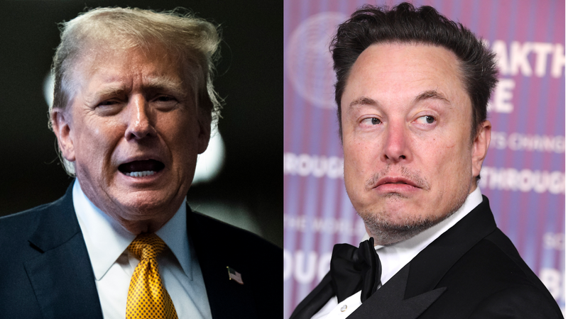 Donald Trump at his criminal trial in New York on May 29, 2024 (left) and Elon Musk at the Academy Museum of Motion Pictures on April 13, 2024 in Los Angeles, California.<br> - Image: Jabin Botsford / Steve Granitz/FilmMagic (Getty Images)