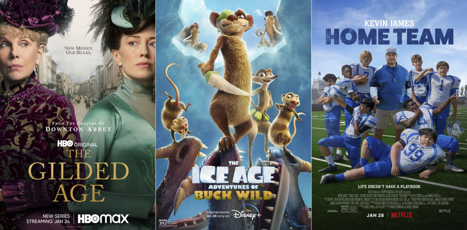 En esta combinación de fotos, el arte promocional de "The Gilded Age", una serie que se estrena el 24 de enero en HBO Max, "The Ice Adventures of Buck Wild", que debuta el viernes 28 de enero en Disney+, y "Home Team", que llega el viernes 28 de enero a Netflix. (HBO Max/Disney+/Netflix vía AP)