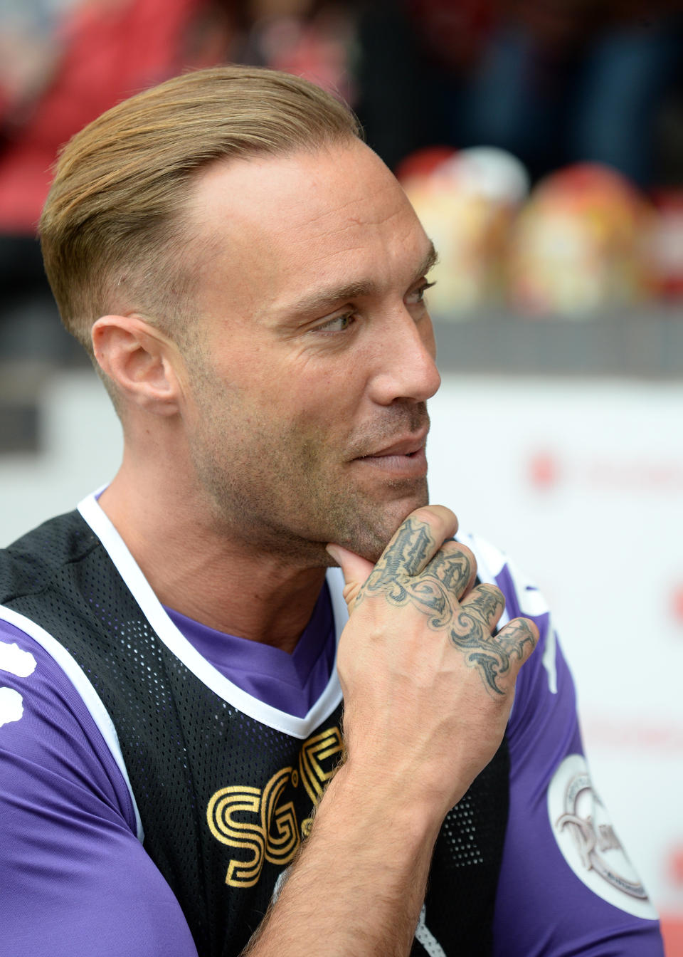 WALSALL, ENGLAND - MAY 13:  Calum Best takes part in Sellebrity Soccer Match in aid of Smile For Joel and Compton Hospice at Banks' Stadium on May 13, 2017 in Walsall, England.  (Photo by Eamonn M. McCormack/Getty Images)