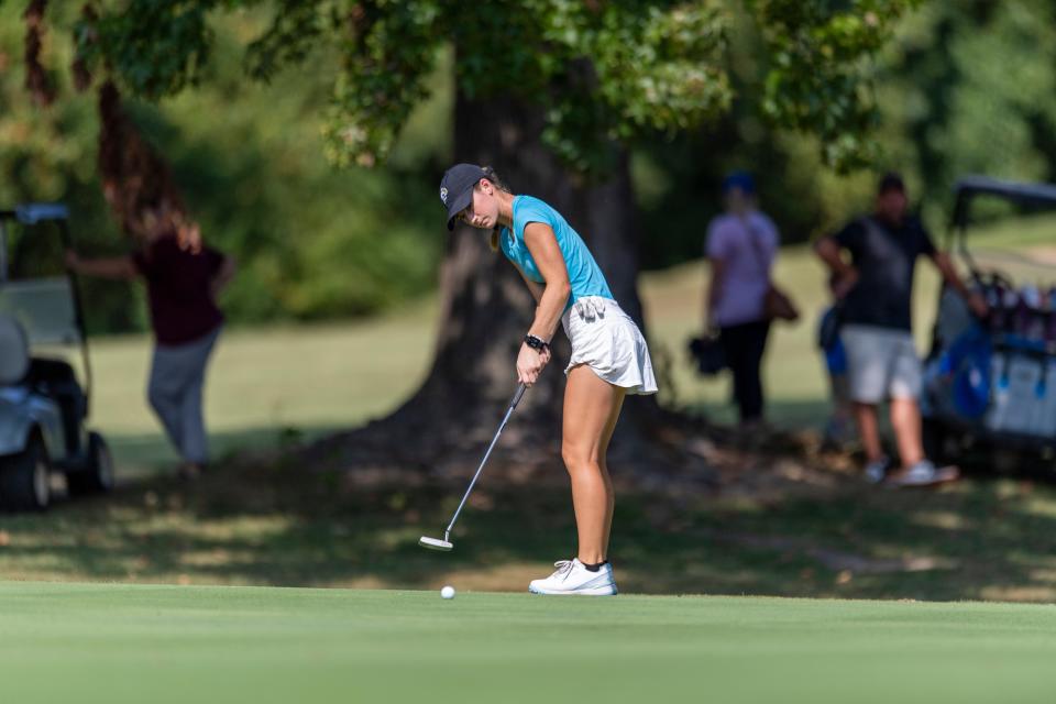 Castle's Ashley Kirkland putts during the 2024 Girl's Golf Sectional 23 at Fendrich Golf Course in Evansville, Ind., Saturday, Sept 21, 2024.