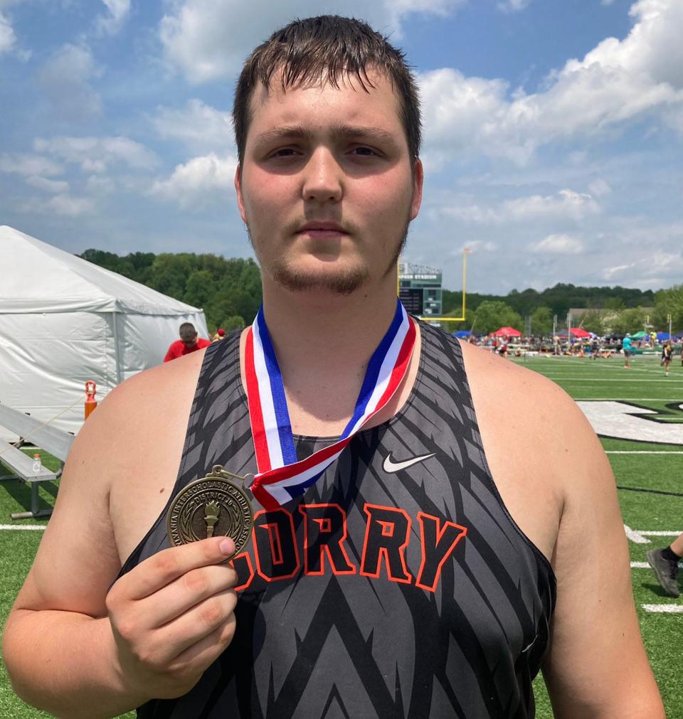 Corry's Xavier Reyda won the Class 3A discus in the District 10 track and field championships at Slippery Rock University on Saturday, May 21, 2022.