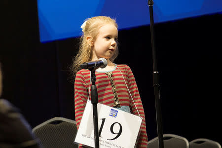 FILE PHOTO: Spelling Bee contestant, five-year-old Edith Fuller seen at the Oklahoma Green Country Regional Spelling Bee in Tulsa, Oklahoma, U.S. on March 4, 2017. Courtesty of Jeramy Pappas/Scripps/Handout via REUTERS