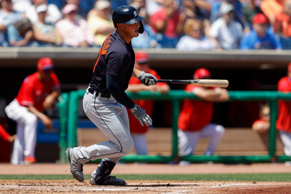 Tigers first baseman Spencer Torkelson hits a sacrifice fly for a run against the Phillies in the second inning during the spring training game on Wednesday, March 30, 2022, in Clearwater, Florida.