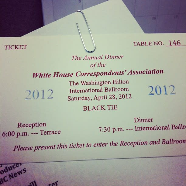 A ticket for entry into the White House Correspondents Dinner on Saturday, April 28, 2012.