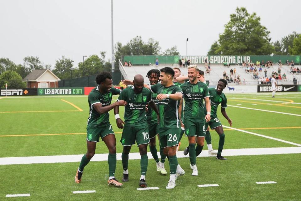 Lexington Sporting Club midfielder Don Smart celebrates after scoring a penalty kick goal during a USL League One match against the Chattanooga Red Wolves this season in Georgetown. If all goes according to plan, Lexington’s USL League One team will debut in its new stadium in Lexington before the end of next season.