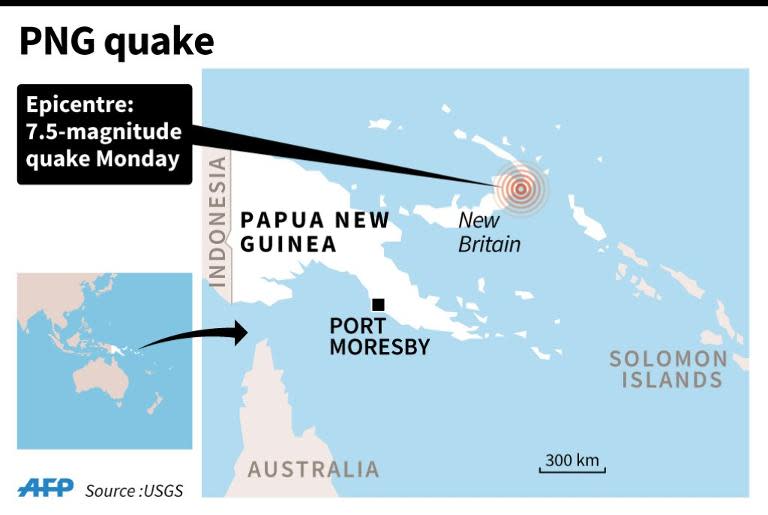 Map locating the epicenter of a 7.5-magnitude quake that struck Papua New Guinea on March 30, 2015